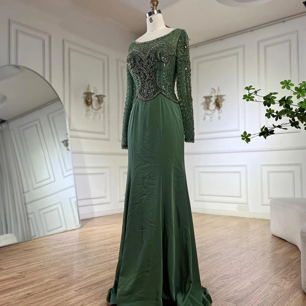 Serene Hill Muslim Elegant Green Satin Mermaid Beaded Luxury Dubai Evening Gown for Women's Party LA72700
