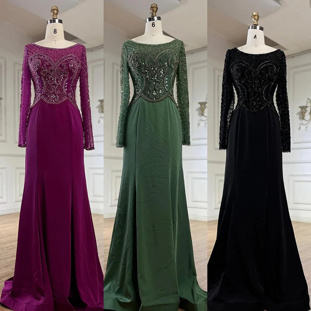 Serene Hill Muslim Elegant Green Satin Mermaid Beaded Luxury Dubai Evening Gown for Women's Party LA72700