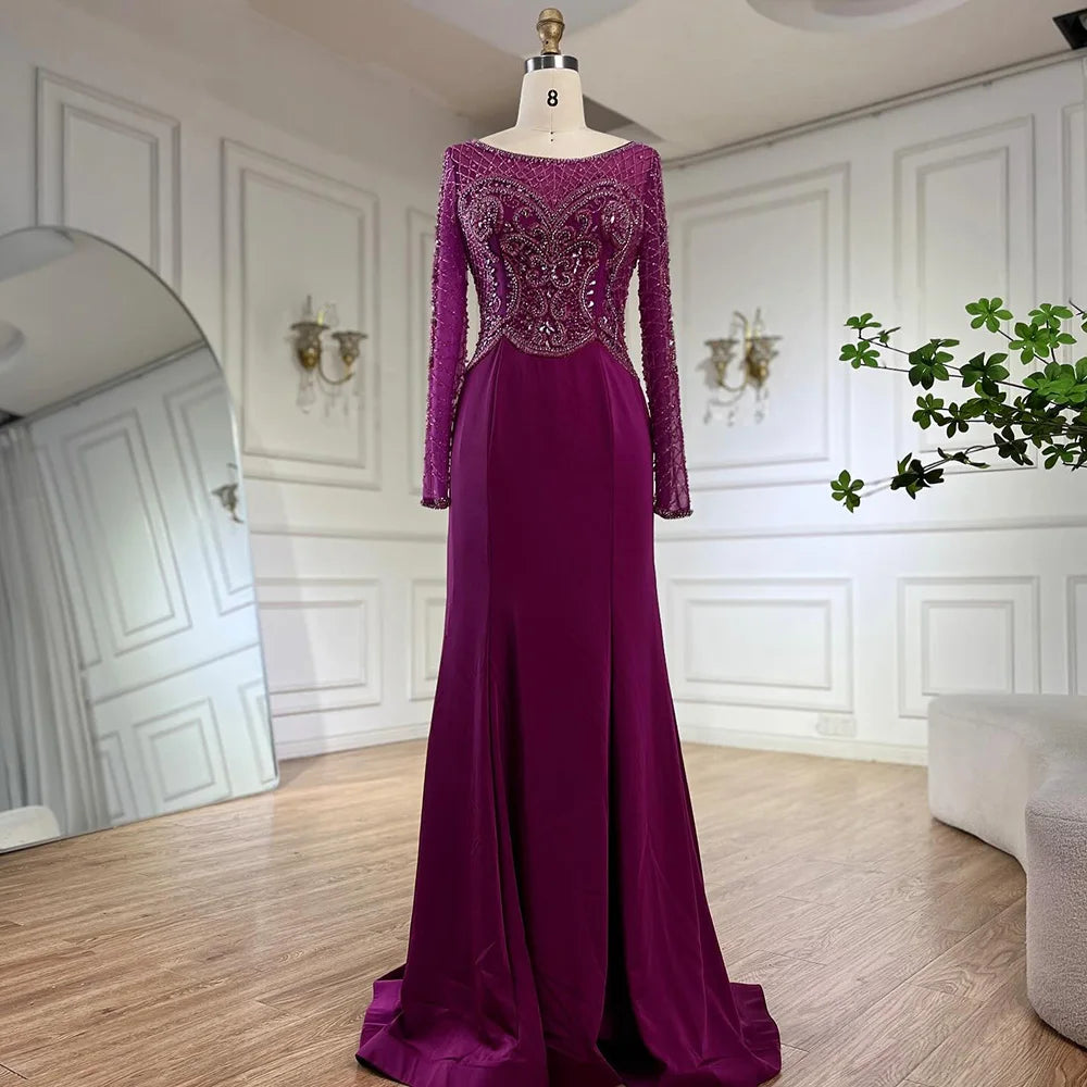 Serene Hill Muslim Elegant Green Satin Mermaid Beaded Luxury Dubai Evening Gown for Women's Party LA72700