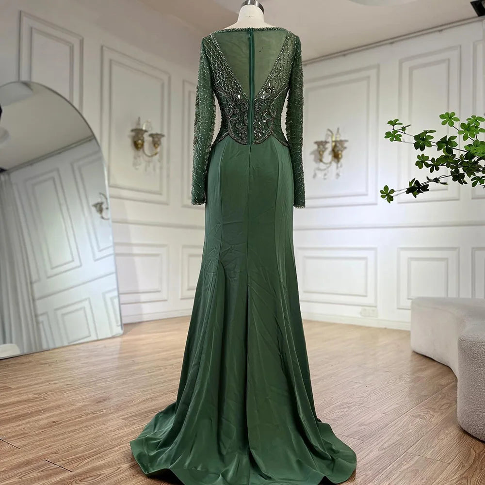 Serene Hill Muslim Elegant Green Satin Mermaid Beaded Luxury Dubai Evening Gown for Women's Party LA72700