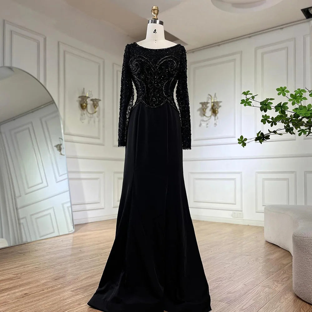Serene Hill Muslim Elegant Green Satin Mermaid Beaded Luxury Dubai Evening Gown for Women's Party LA72700
