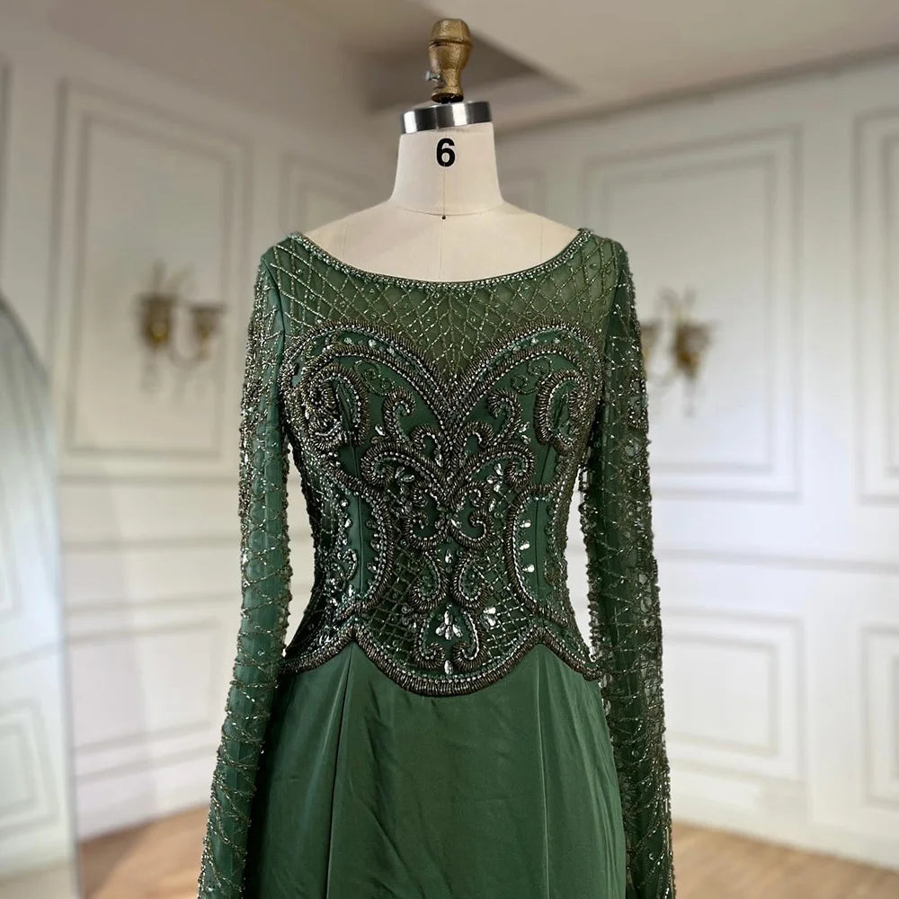 Serene Hill Muslim Elegant Green Satin Mermaid Beaded Luxury Dubai Evening Gown for Women's Party LA72700
