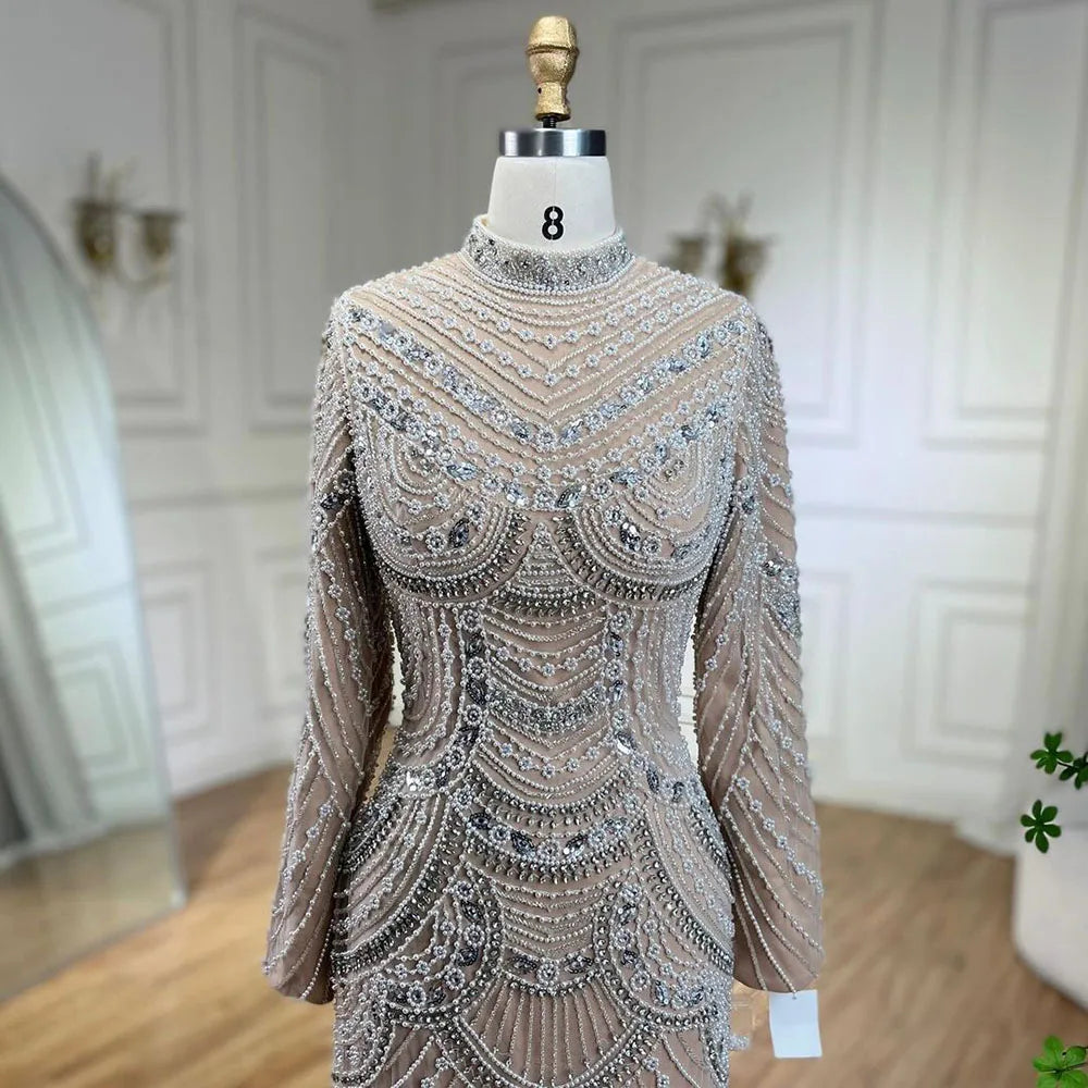 Muslim Nude Elegant Mermaid High Split Beaded Luxury Evening Dress Gown LA72091L