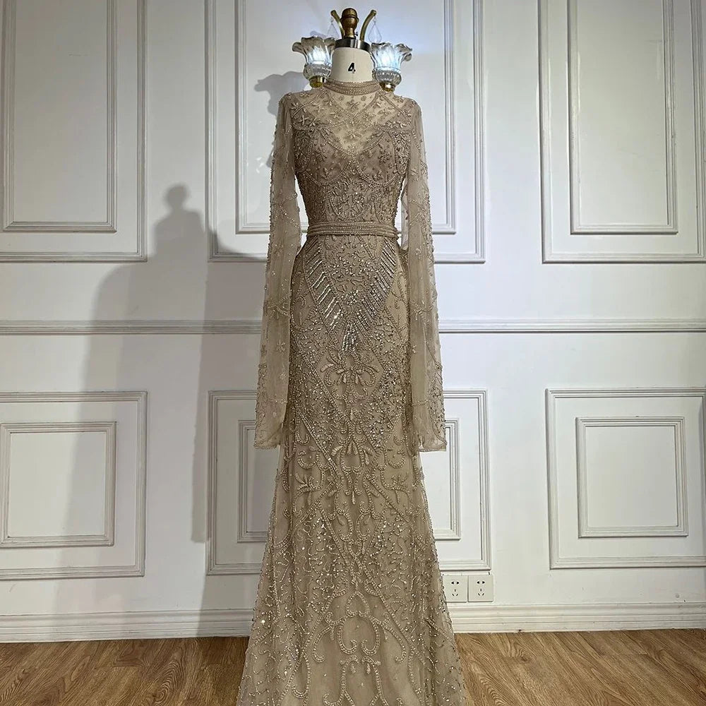 Luxury Dubai Muslim Nude Mermaid Elegant Bell Sleeve Beaded Luxury Dubai Long Evening Dress for Formal Occasion LA72316A