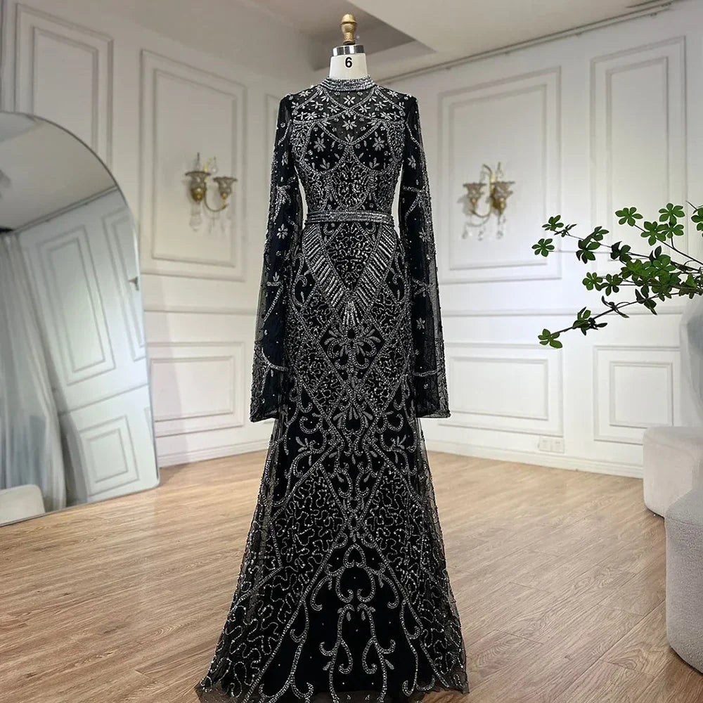 Luxury Dubai Muslim Nude Mermaid Elegant Bell Sleeve Beaded Luxury Dubai Long Evening Dress for Formal Occasion LA72316A