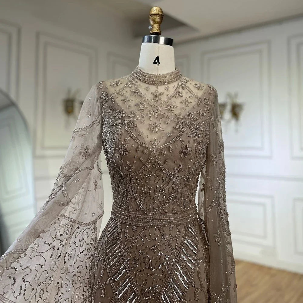 Luxury Dubai Muslim Nude Mermaid Elegant Bell Sleeve Beaded Luxury Dubai Long Evening Dress for Formal Occasion LA72316A