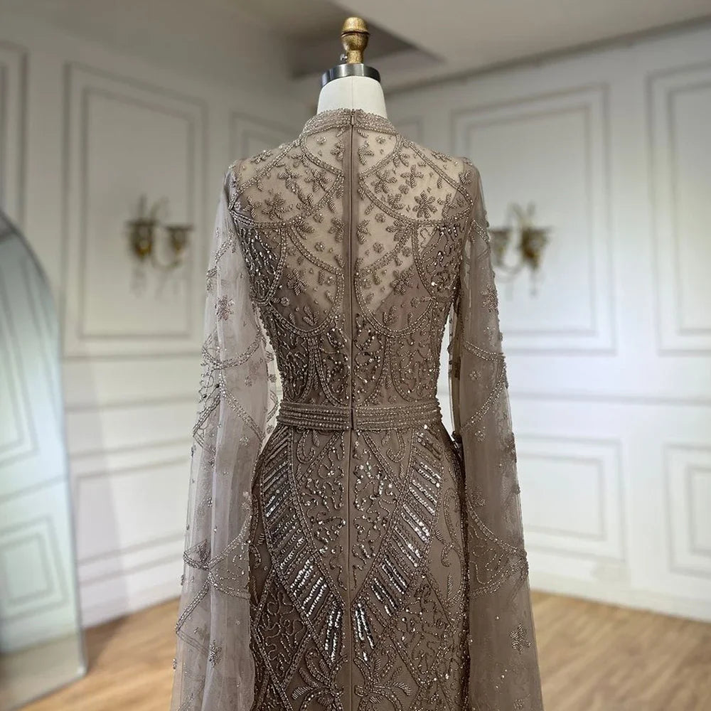 Luxury Dubai Muslim Nude Mermaid Elegant Bell Sleeve Beaded Luxury Dubai Long Evening Dress for Formal Occasion LA72316A