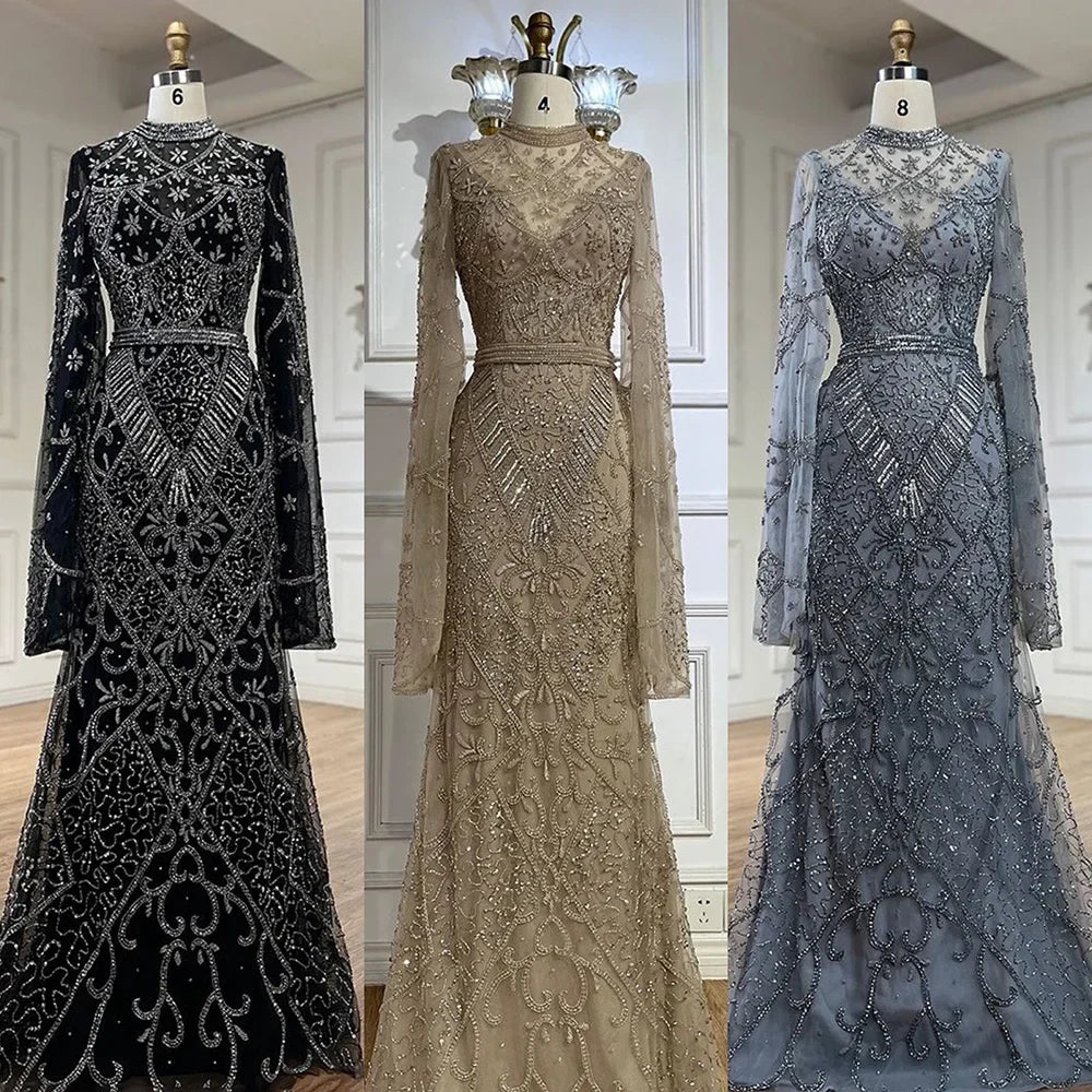 Luxury Dubai Muslim Nude Mermaid Elegant Bell Sleeve Beaded Luxury Dubai Long Evening Dress for Formal Occasion LA72316A