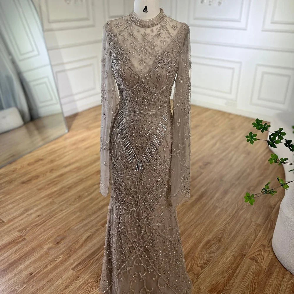 Luxury Dubai Muslim Nude Mermaid Elegant Bell Sleeve Beaded Luxury Dubai Long Evening Dress for Formal Occasion LA72316A