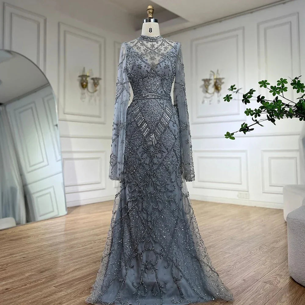Luxury Dubai Muslim Nude Mermaid Elegant Bell Sleeve Beaded Luxury Dubai Long Evening Dress for Formal Occasion LA72316A