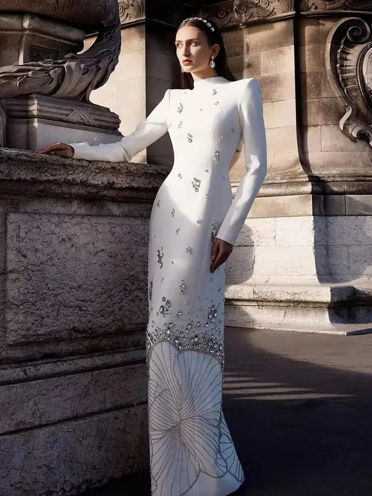 Luxury Crystal White Muslim Evening Dresses Long Sleeves LA72719