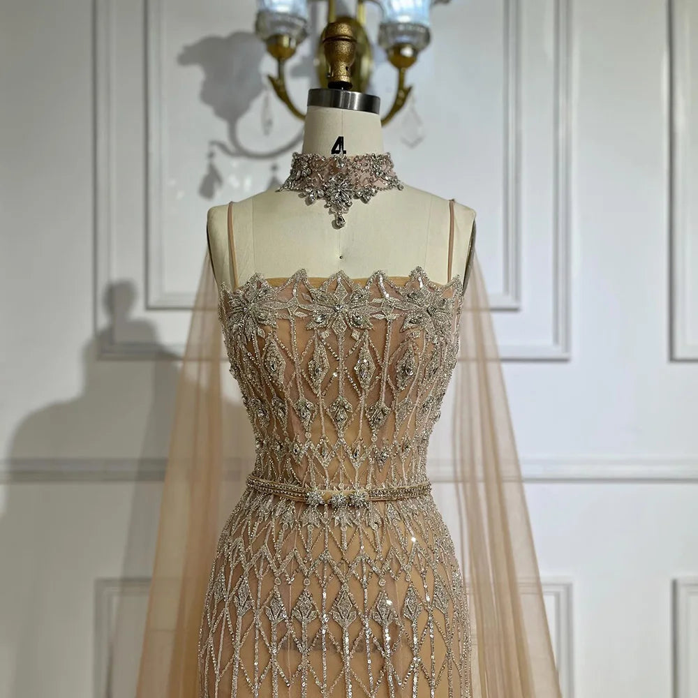 Luxury Nude Beaded Mermaid Evening Dress with Cape LA72711