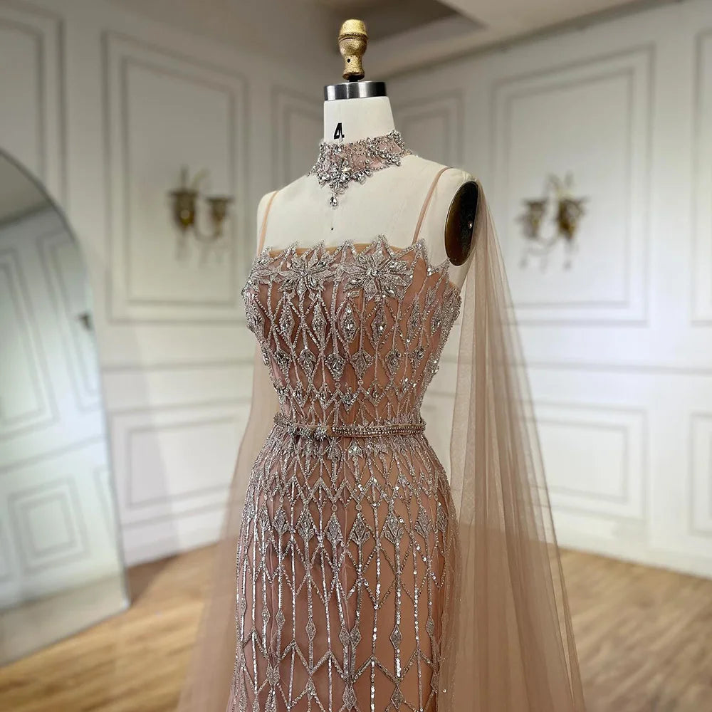 Luxury Nude Beaded Mermaid Evening Dress with Cape LA72711