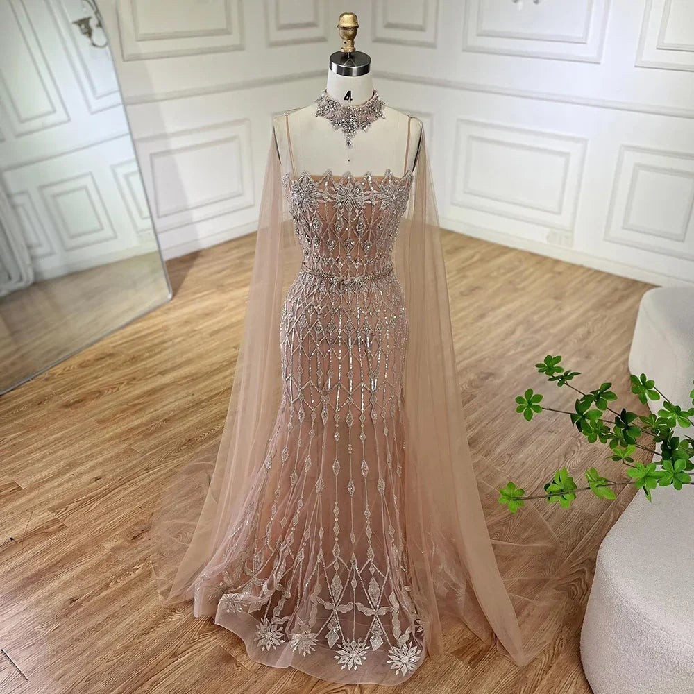 Luxury Nude Beaded Mermaid Evening Dress with Cape LA72711