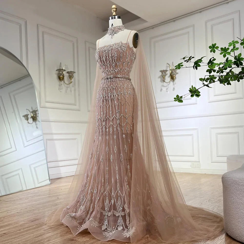 Luxury Nude Beaded Mermaid Evening Dress with Cape LA72711