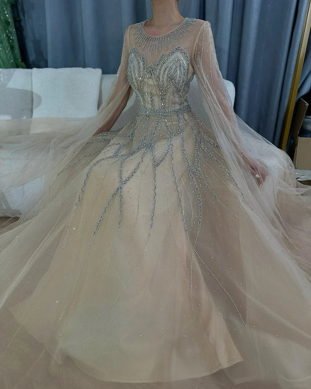 Luxury Dubai Nude Blue Elegant A-Line Beaded Long Arabic Evening Dresses Gowns with Cape Sleeves for Formal Occasion LA72785