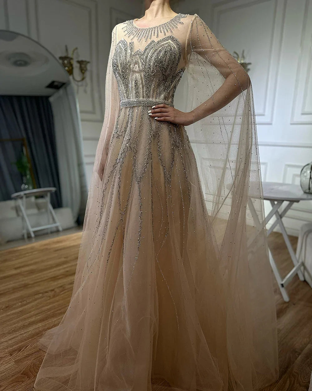 Luxury Dubai Nude Blue Elegant A-Line Beaded Long Arabic Evening Dresses Gowns with Cape Sleeves for Formal Occasion LA72785