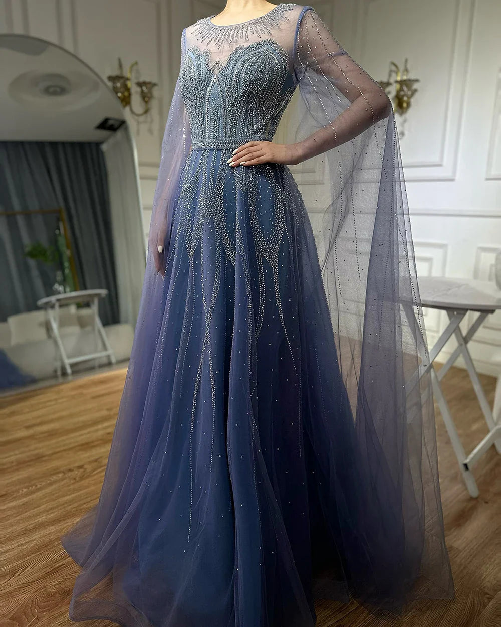 Luxury Dubai Nude Blue Elegant A-Line Beaded Long Arabic Evening Dresses Gowns with Cape Sleeves for Formal Occasion LA72785