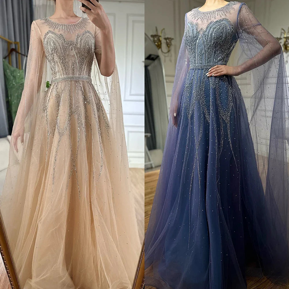 Luxury Dubai Nude Blue Elegant A-Line Beaded Long Arabic Evening Dresses Gowns with Cape Sleeves for Formal Occasion LA72785