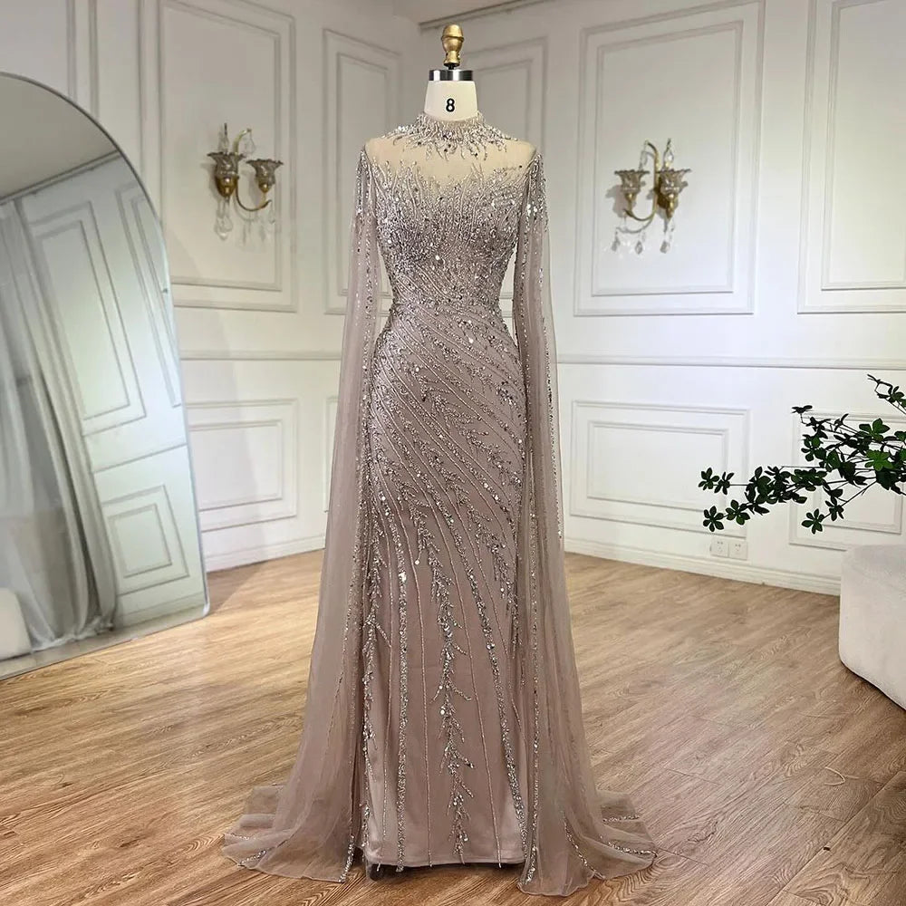 Luxury Nude Mermaid Evening Dress with Cape Sleeves LA71885A