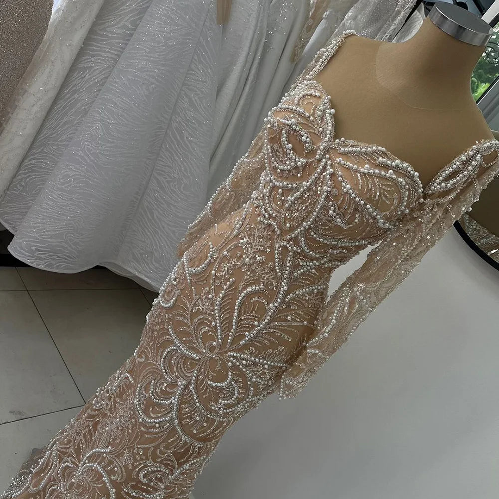 Luxury Dubai Nude Mermaid Luxury Pearls Beaded Arabic Evening Gowns for Formal Occasion Dress LA72648