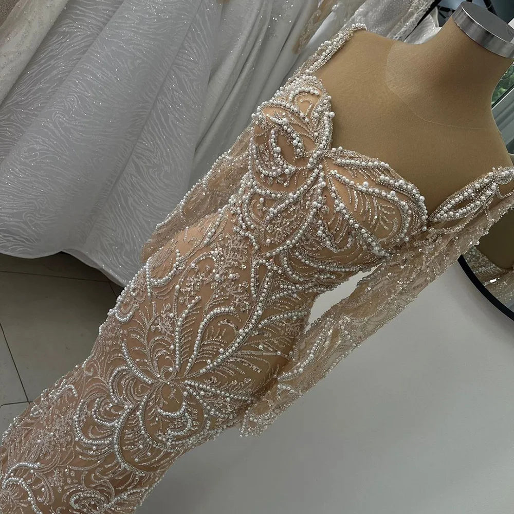 Luxury Dubai Nude Mermaid Luxury Pearls Beaded Arabic Evening Gowns for Formal Occasion Dress LA72648