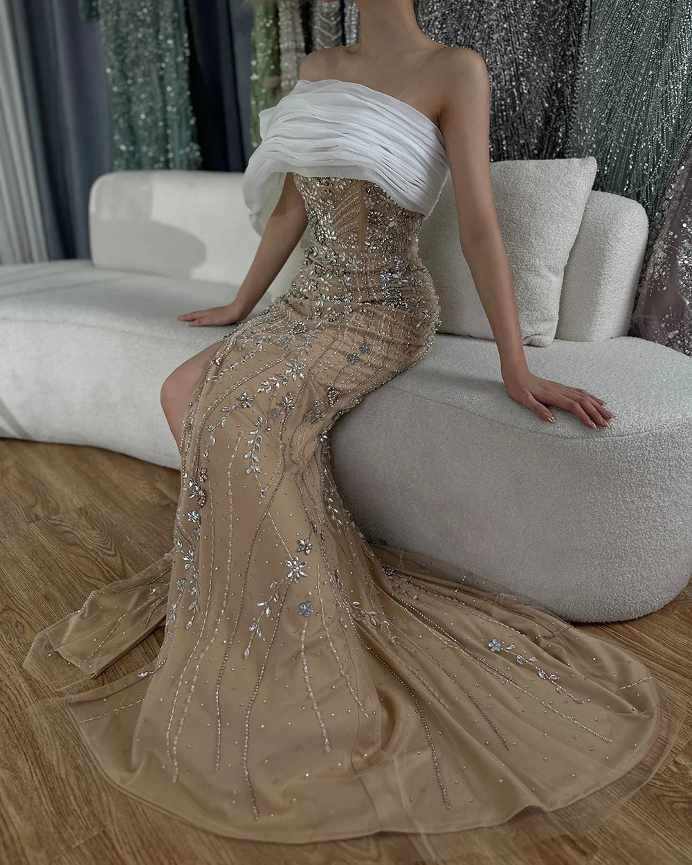 Luxury Dubai Nude One Shoulder Split Saudi Arabic Evening Gown Beaded Dress for Formal Occasion LA72746