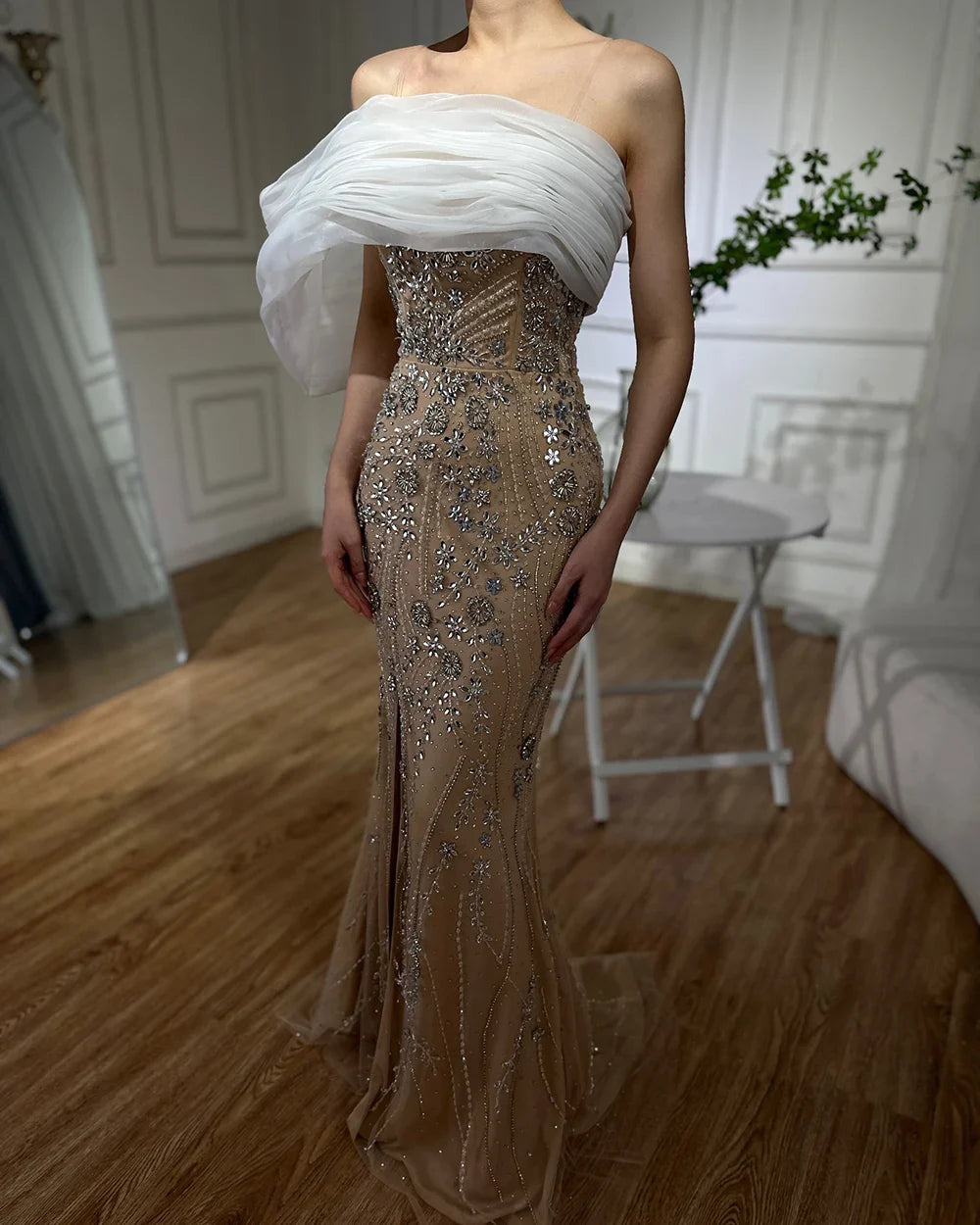 Luxury Dubai Nude One Shoulder Split Saudi Arabic Evening Gown Beaded Dress for Formal Occasion LA72746