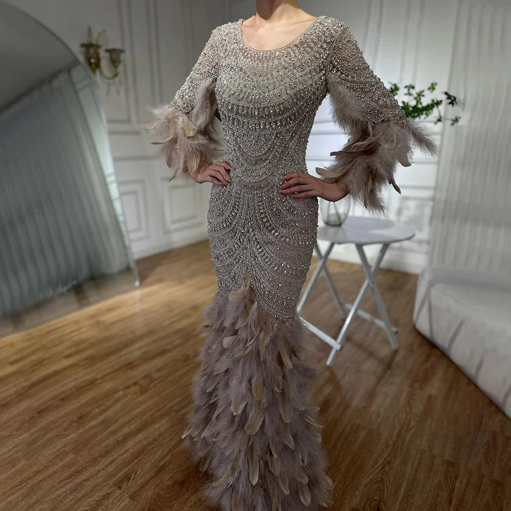 Luxury Dubai Nude Saudi Arabic Evening Gown with Beaded Feathers Dress for Formal Occasion LA72736