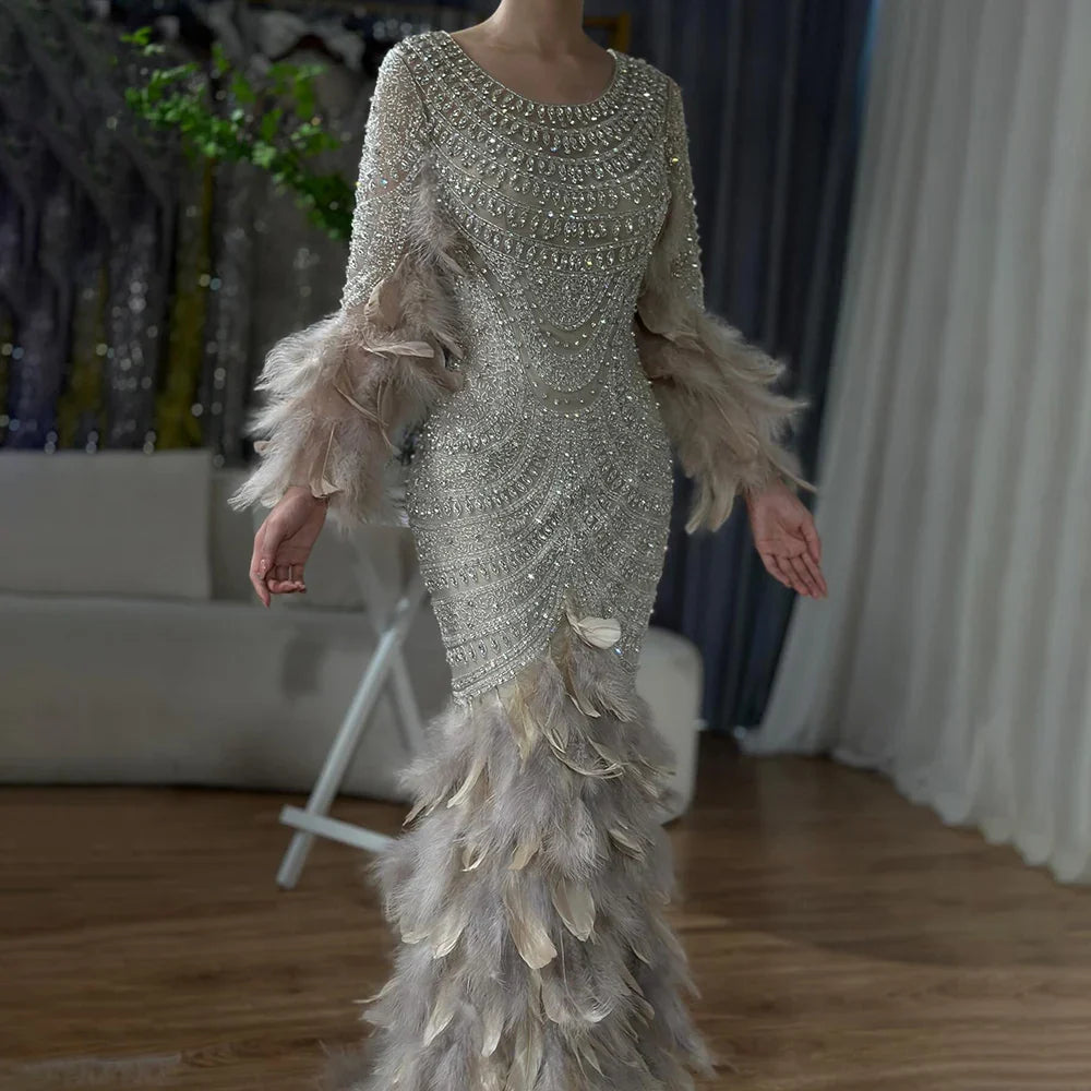 Luxury Dubai Nude Saudi Arabic Evening Gown with Beaded Feathers Dress for Formal Occasion LA72736