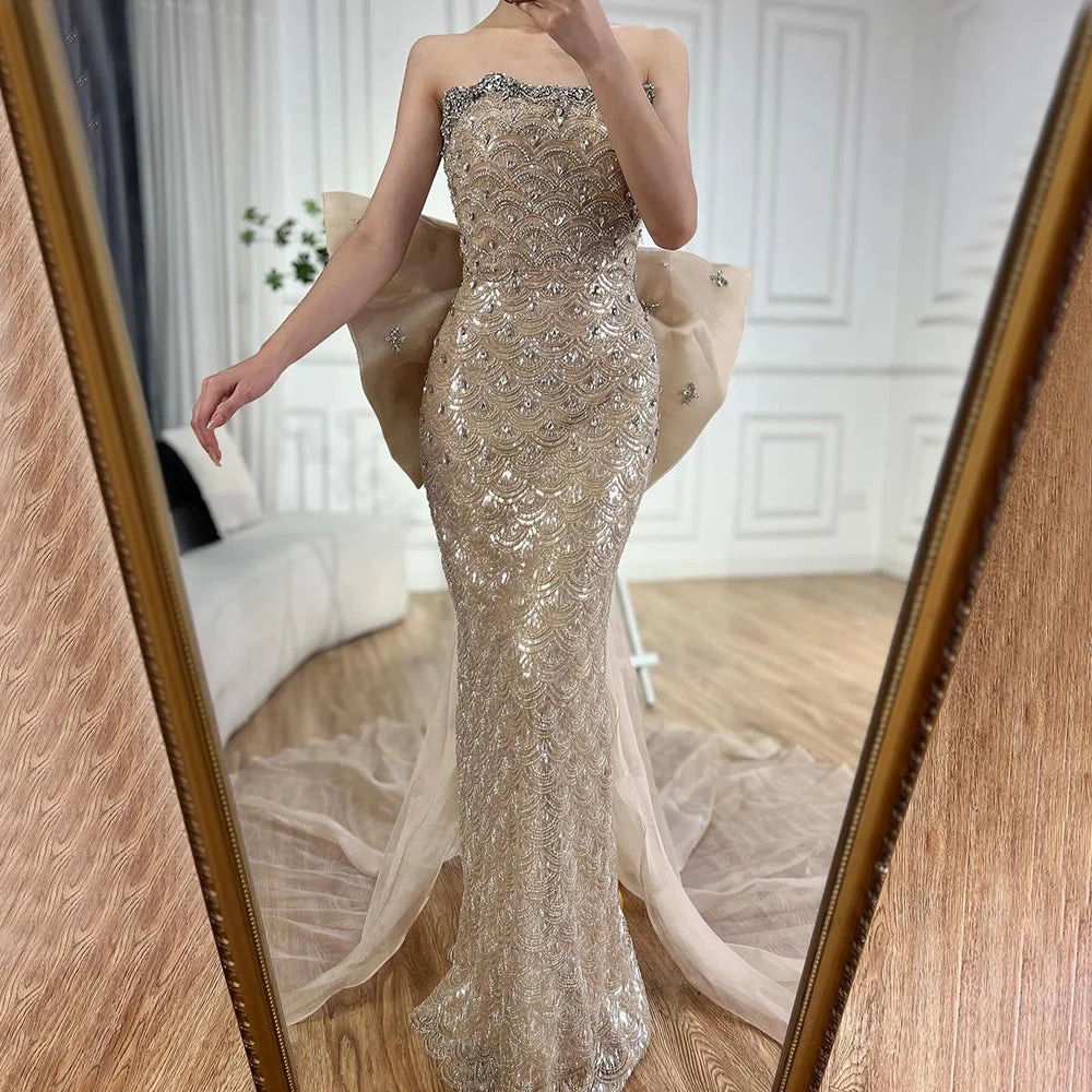 Luxury Dubai Nude Saudi Arabic Evening Gown with Beaded Tassel Dress for Formal Occasion LA72730
