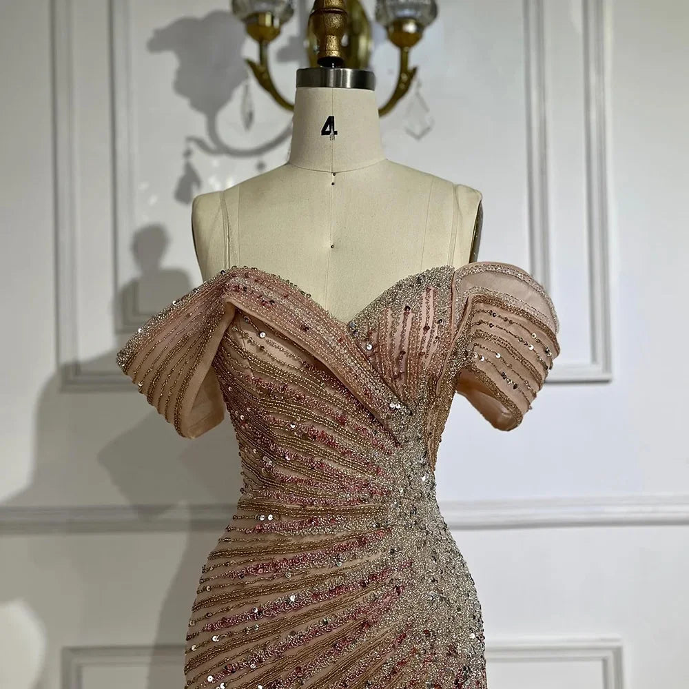Serene Hill Off The Shoulder Pink Mermaid Beaded Luxury Evening Dress with Side Split for Formal Occasion Saudi LA72481