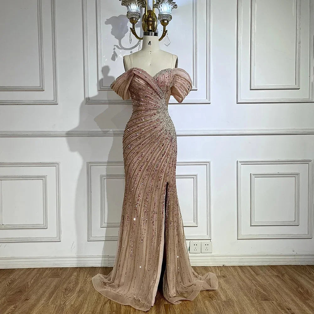 Serene Hill Off The Shoulder Pink Mermaid Beaded Luxury Evening Dress with Side Split for Formal Occasion Saudi LA72481
