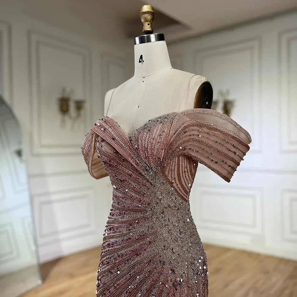 Serene Hill Off The Shoulder Pink Mermaid Beaded Luxury Evening Dress with Side Split for Formal Occasion Saudi LA72481