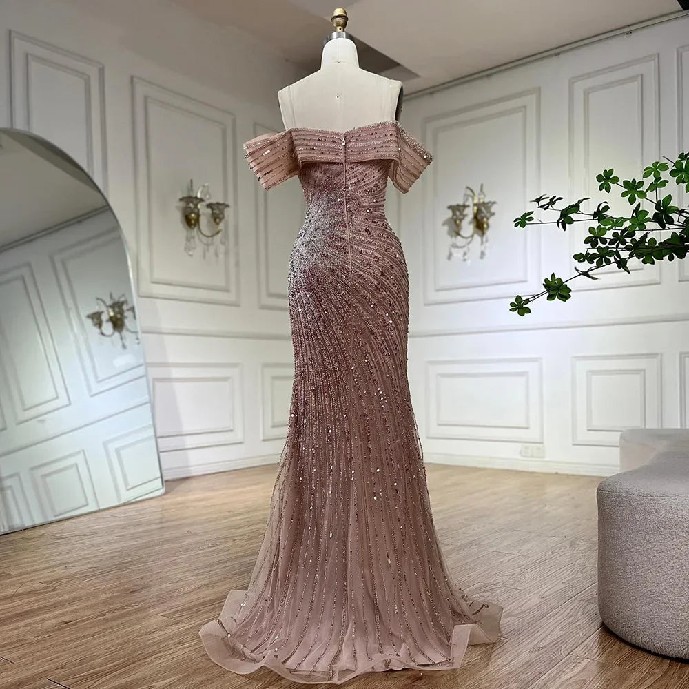 Serene Hill Off The Shoulder Pink Mermaid Beaded Luxury Evening Dress with Side Split for Formal Occasion Saudi LA72481