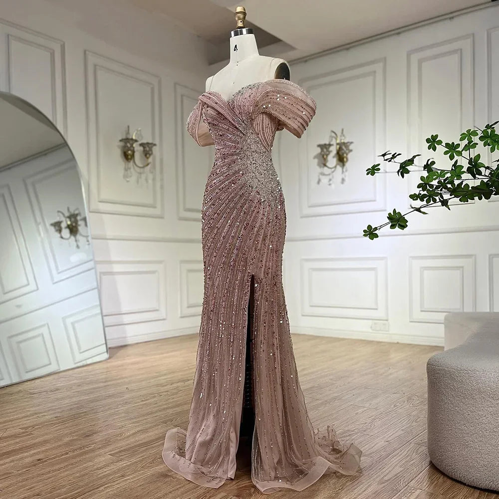 Serene Hill Off The Shoulder Pink Mermaid Beaded Luxury Evening Dress with Side Split for Formal Occasion Saudi LA72481
