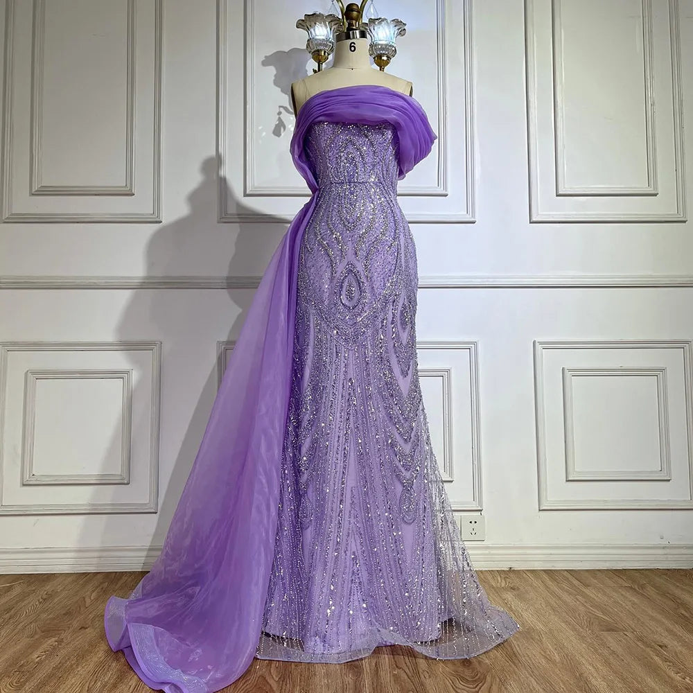 Serene Hill One-Shoulder Purple Mermaid Beaded Evening Dress with Side Skirt Overlay for Formal Occasion Saudi LA72706