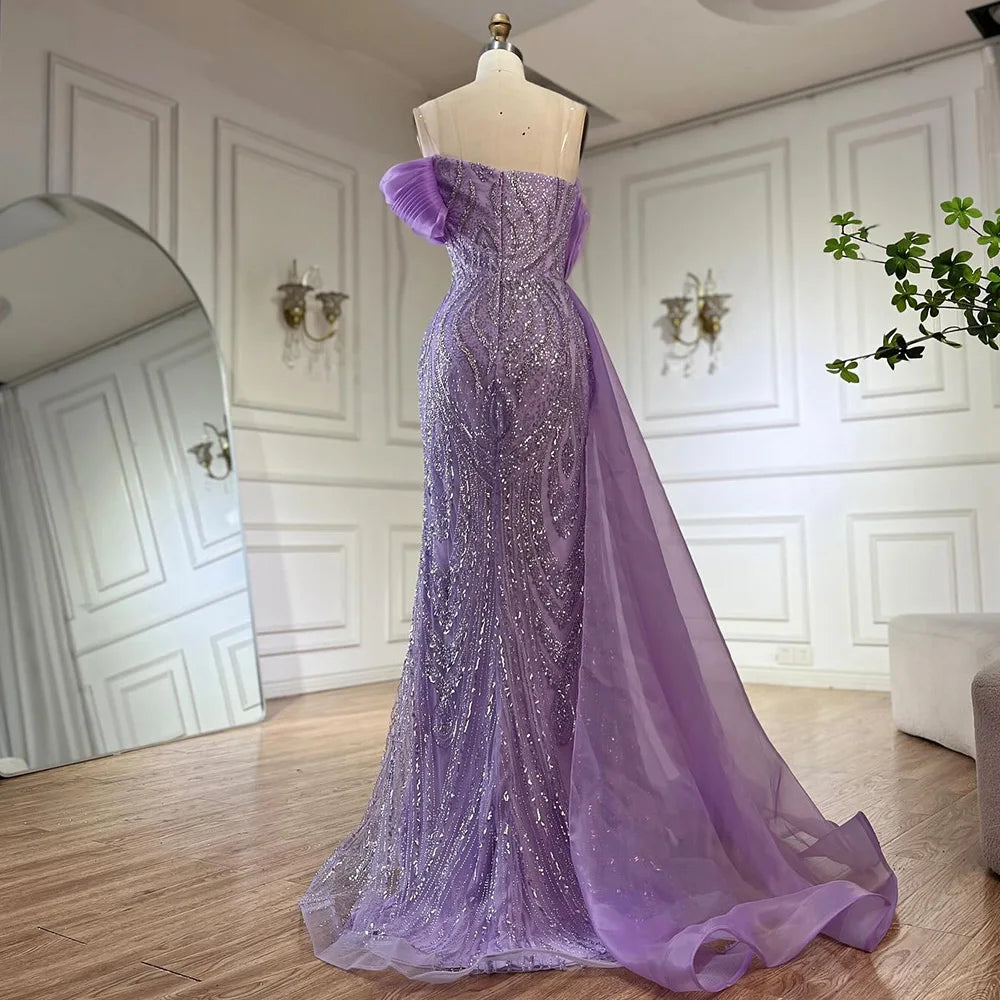 Serene Hill One-Shoulder Purple Mermaid Beaded Evening Dress with Side Skirt Overlay for Formal Occasion Saudi LA72706