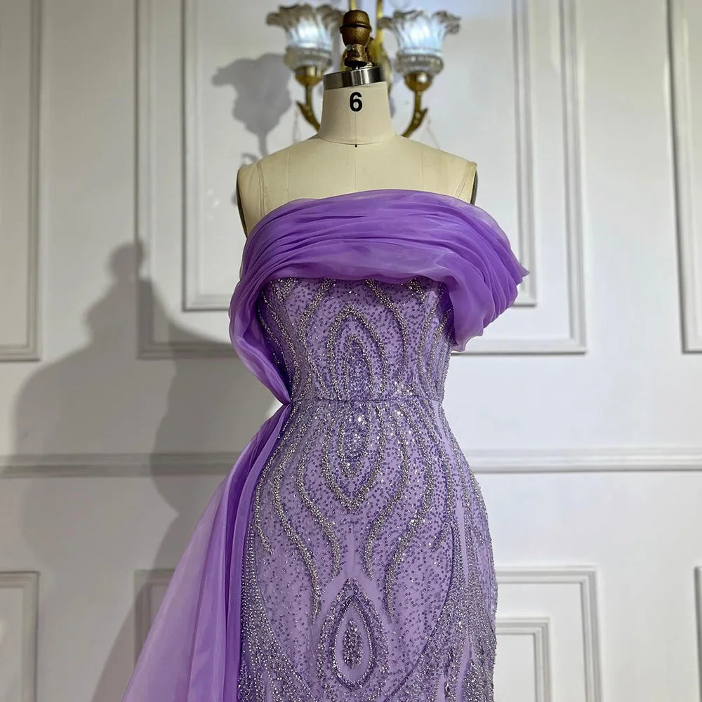 Serene Hill One-Shoulder Purple Mermaid Beaded Evening Dress with Side Skirt Overlay for Formal Occasion Saudi LA72706
