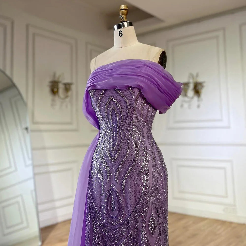 Serene Hill One-Shoulder Purple Mermaid Beaded Evening Dress with Side Skirt Overlay for Formal Occasion Saudi LA72706