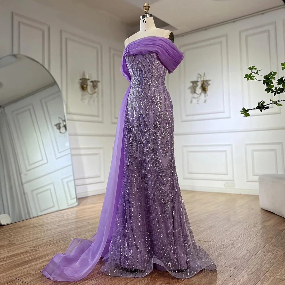 Serene Hill One-Shoulder Purple Mermaid Beaded Evening Dress with Side Skirt Overlay for Formal Occasion Saudi LA72706