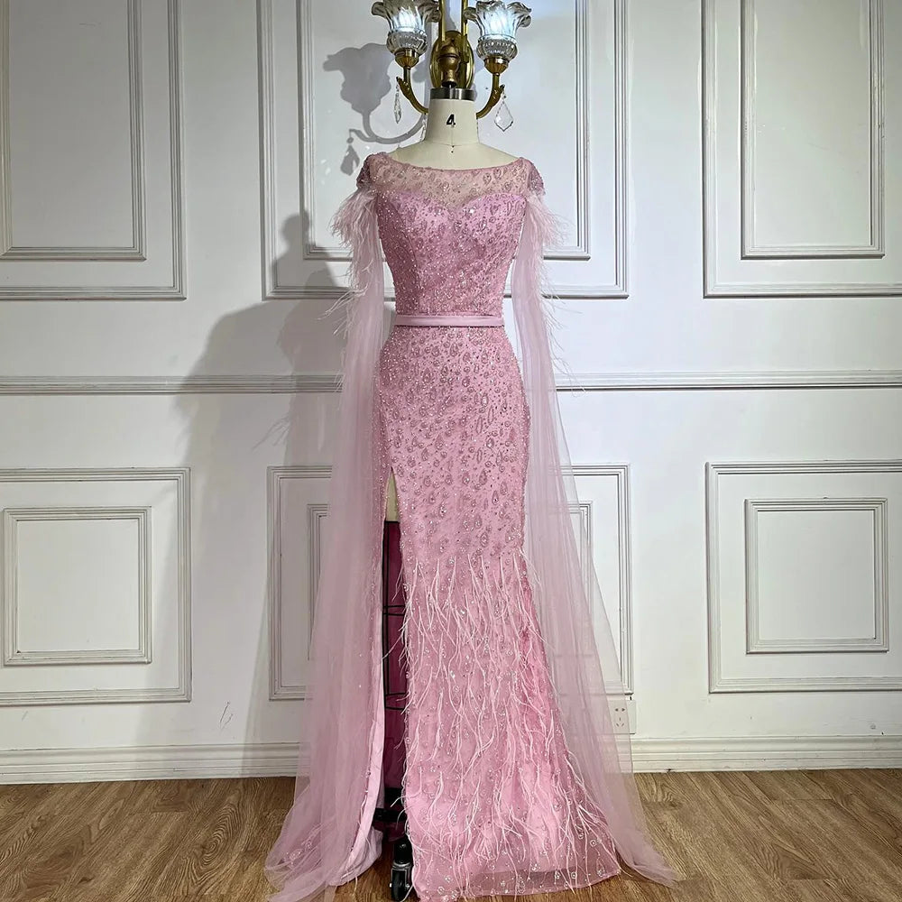 Serene Hill Pink Cape Sleeves Dubai Evening Gown Mermaid with Side Skirt Feathers Beaded Dress for Women's Party LA72701