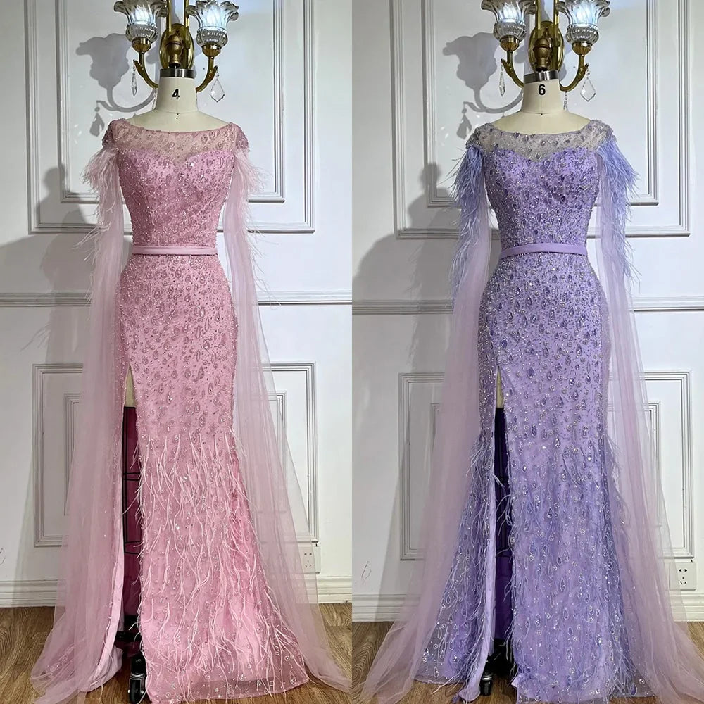 Serene Hill Pink Cape Sleeves Dubai Evening Gown Mermaid with Side Skirt Feathers Beaded Dress for Women's Party LA72701