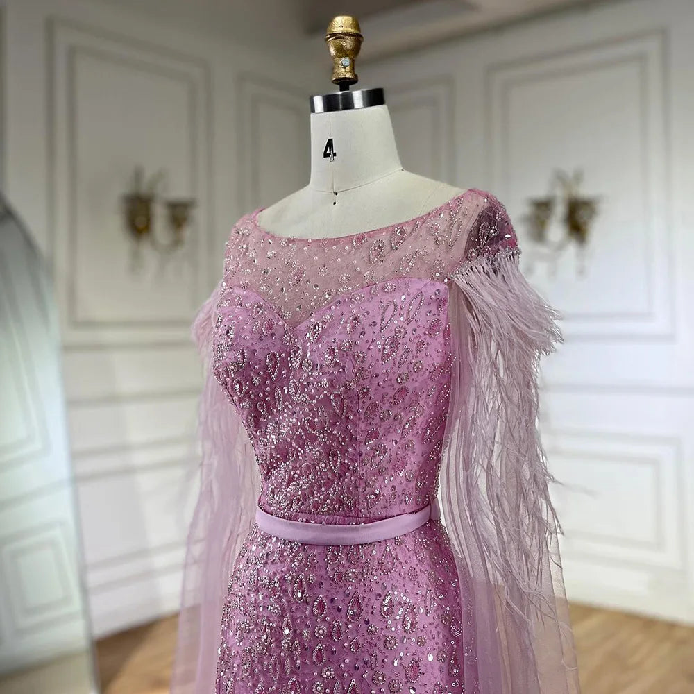 Serene Hill Pink Cape Sleeves Dubai Evening Gown Mermaid with Side Skirt Feathers Beaded Dress for Women's Party LA72701
