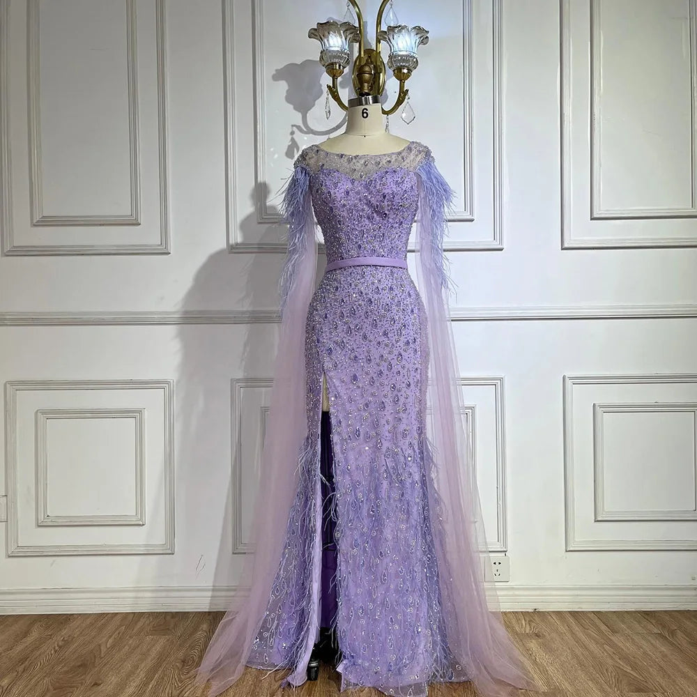 Serene Hill Pink Cape Sleeves Dubai Evening Gown Mermaid with Side Skirt Feathers Beaded Dress for Women's Party LA72701