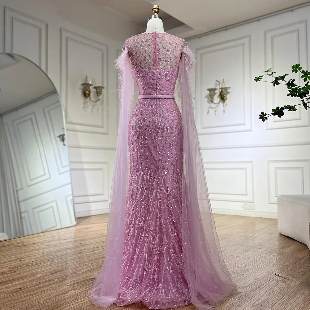 Serene Hill Pink Cape Sleeves Dubai Evening Gown Mermaid with Side Skirt Feathers Beaded Dress for Women's Party LA72701
