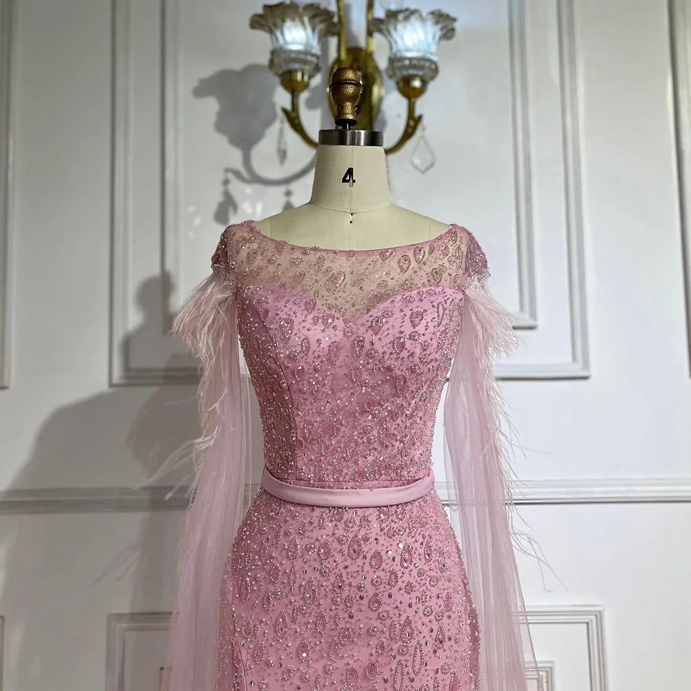 Serene Hill Pink Cape Sleeves Dubai Evening Gown Mermaid with Side Skirt Feathers Beaded Dress for Women's Party LA72701