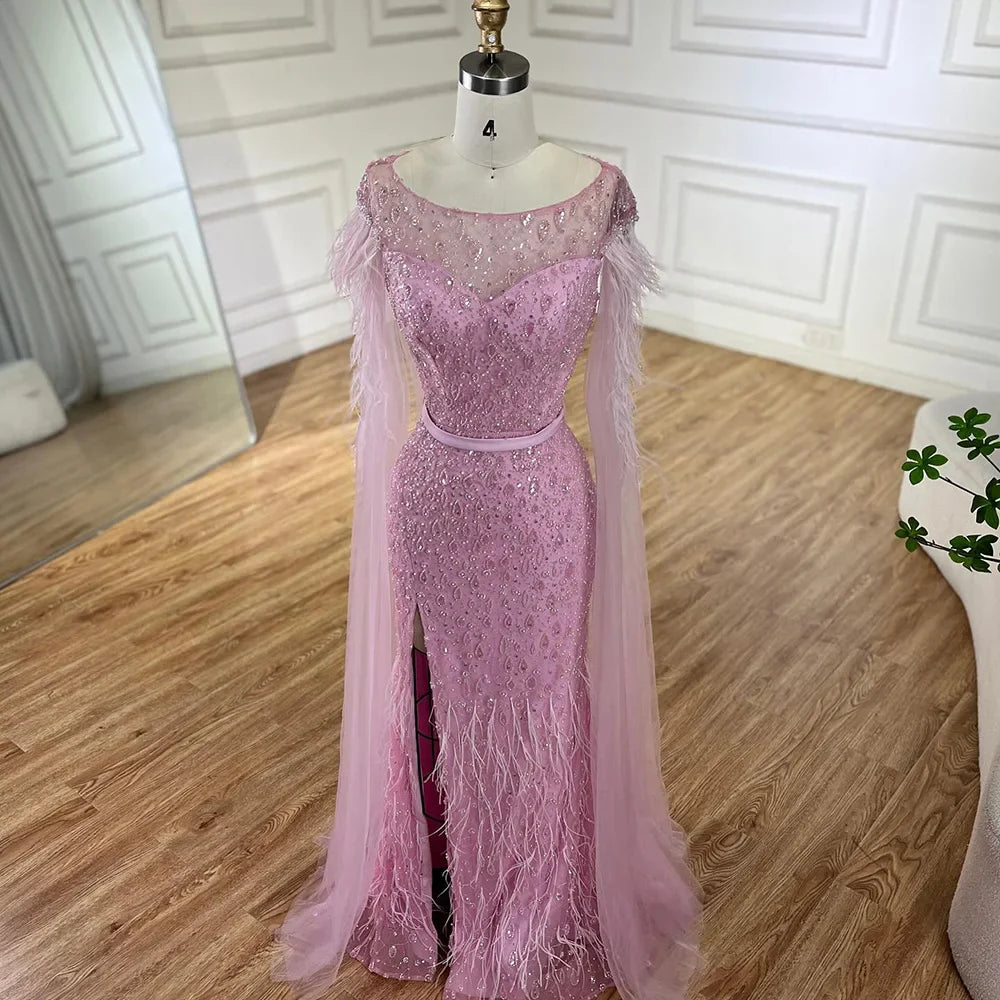 Serene Hill Pink Cape Sleeves Dubai Evening Gown Mermaid with Side Skirt Feathers Beaded Dress for Women's Party LA72701
