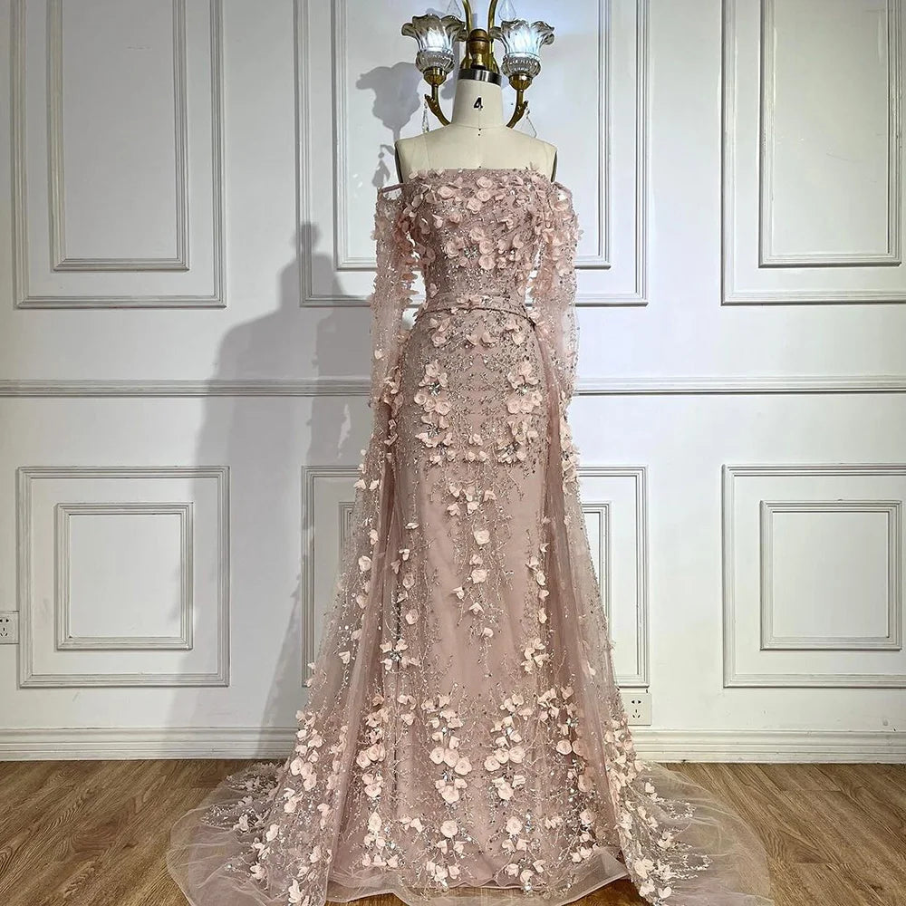 Pink Beaded Mermaid Evening Gown with Overskirt and Appliques LA72641