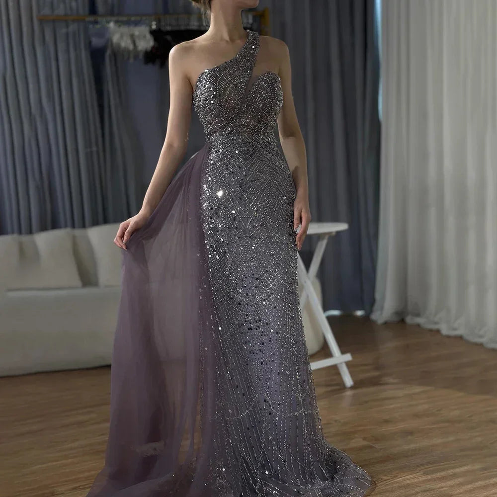 Luxury Dubai Purple One Shoulder Saudi Arabic Evening Gown with Beaded Side Overskirt Dress for Formal Occasion LA72735